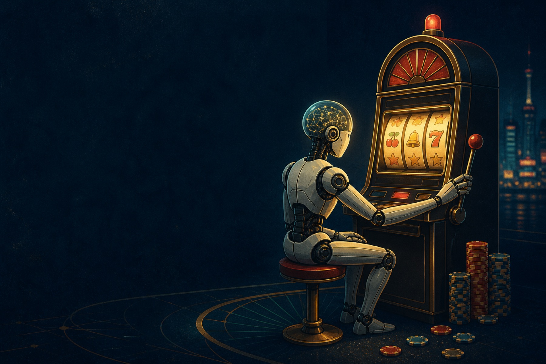A robot sits alone at a glowing slot machine at night, its translucent head showing a lattice of neural lines.