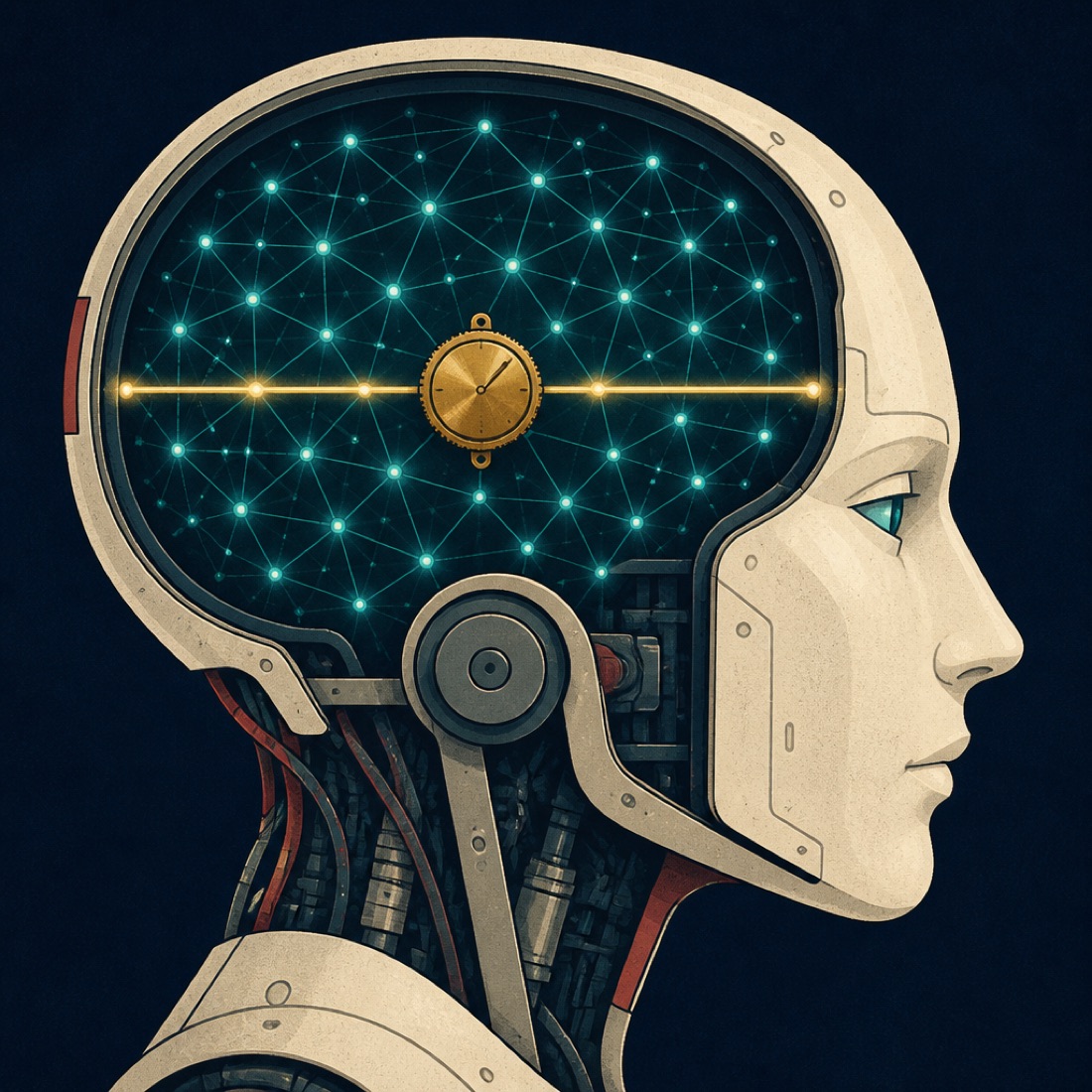 Cross-section of a robot head: a golden line with a brass dial runs through a lattice of glowing nodes.