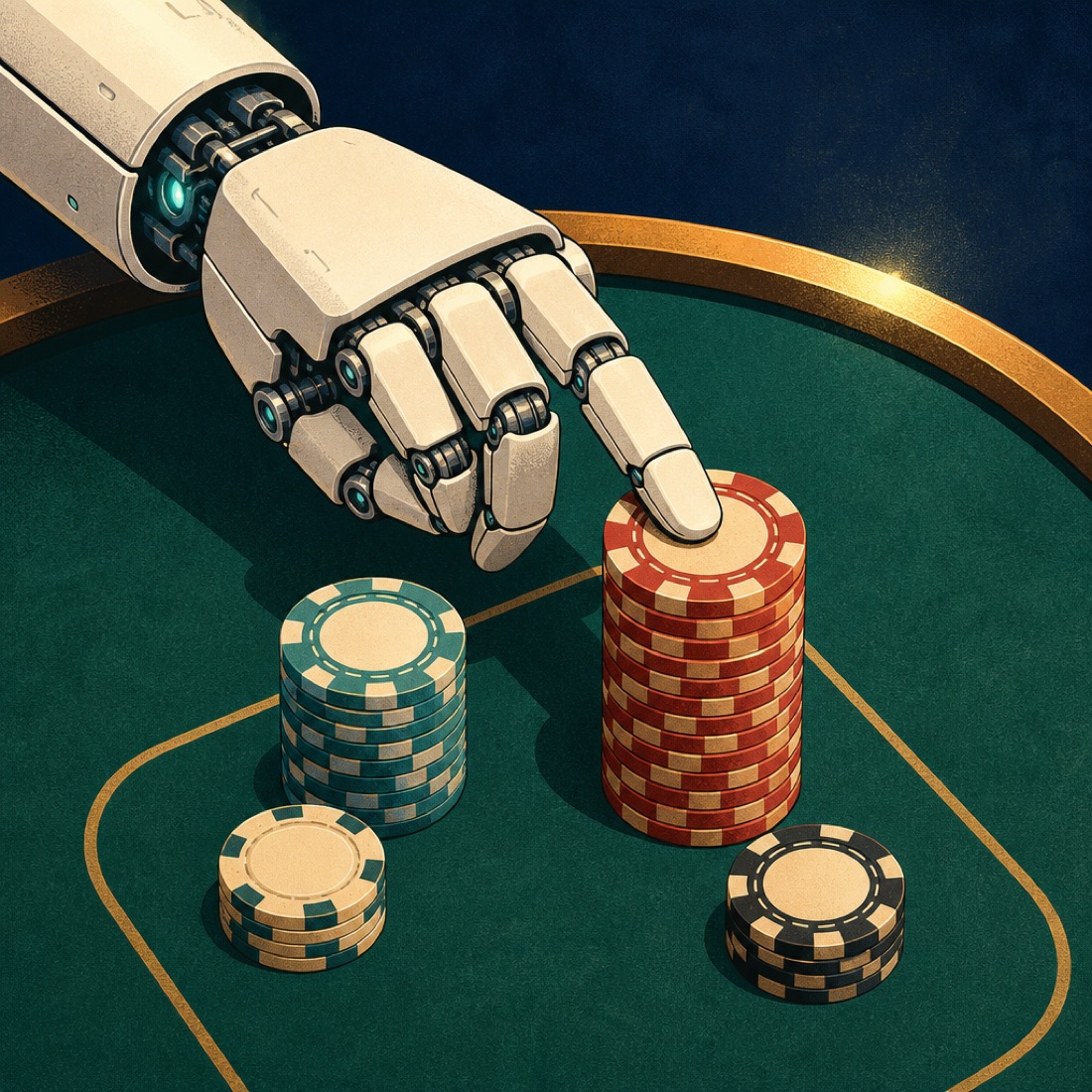 A robot hand pushes forward a tall stack of chips chosen from stacks of different heights.