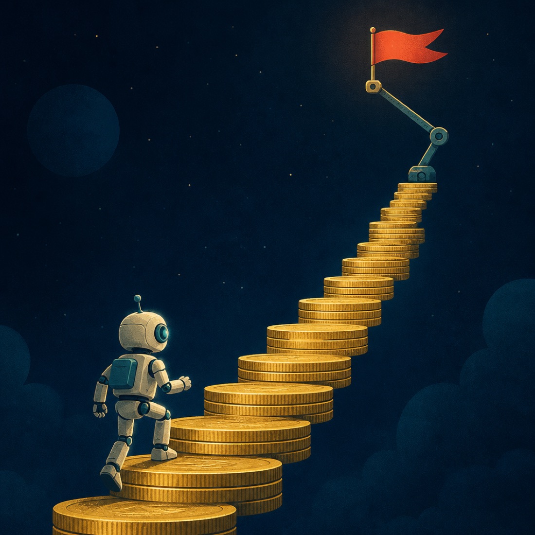 A robot climbs a staircase of coins toward a flag that a mechanical arm keeps lifting higher.
